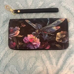 Dragonfly Floral Wristlet Wallet - Black with Multicolor Flowers